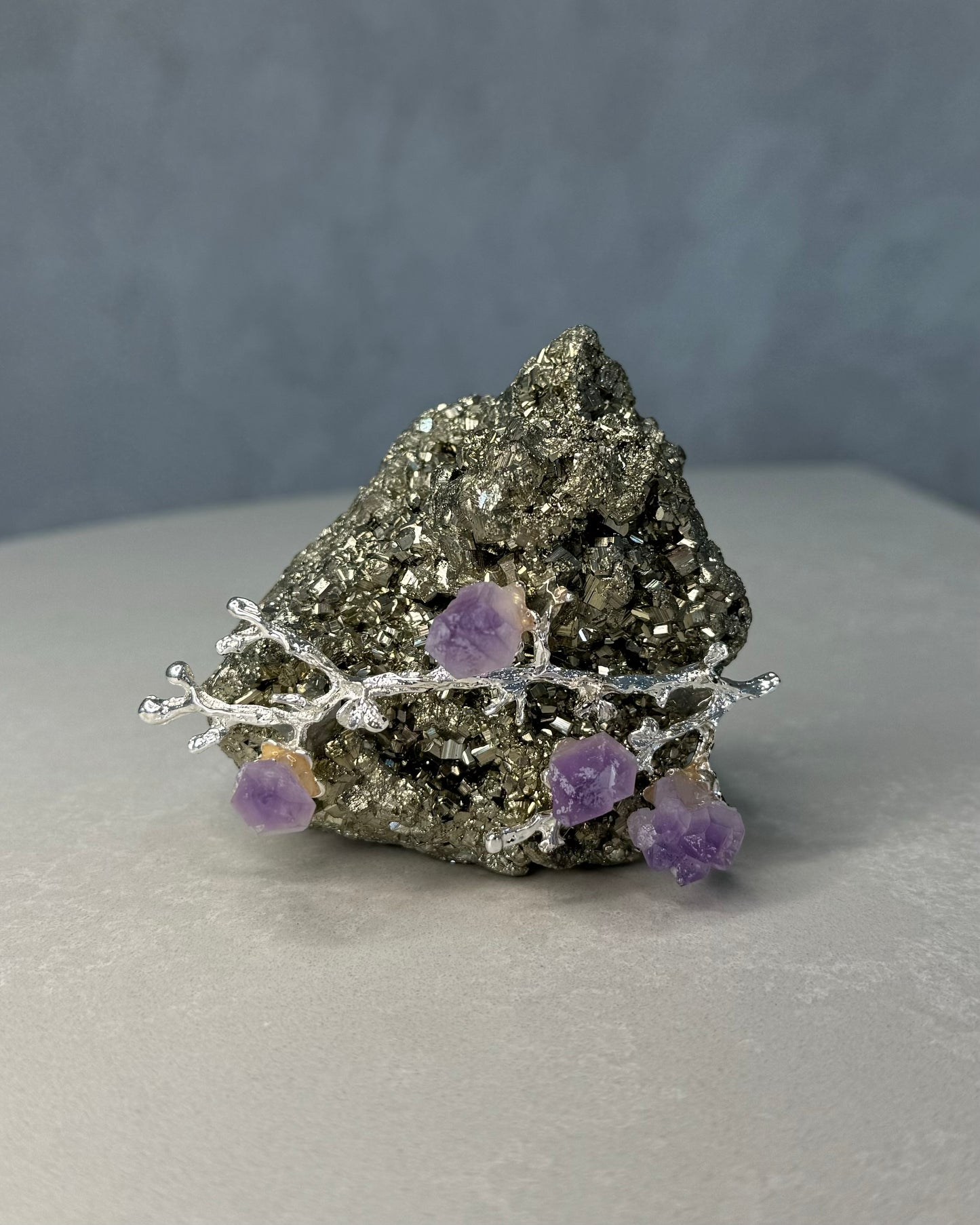 PYRITE CLUSTER WITH AMETHYST FLOWER