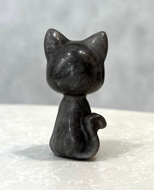 BLACK OBSIDIAN SILVER SHEEN CAT CARVING