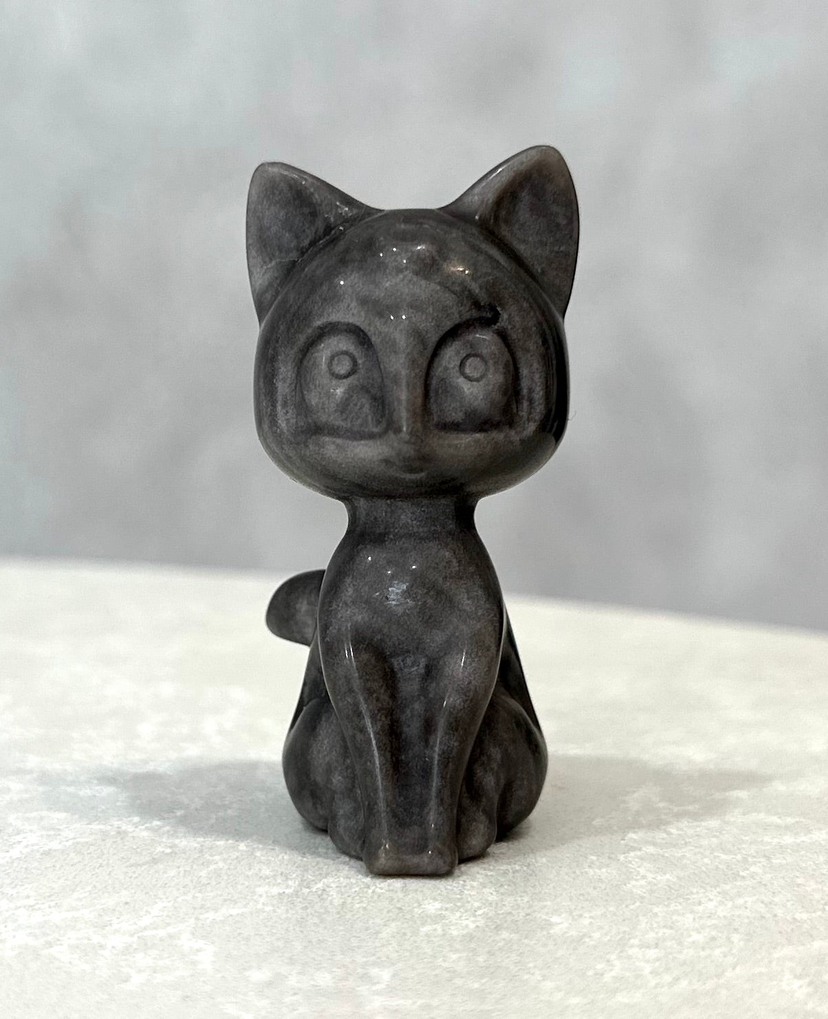 BLACK OBSIDIAN SILVER SHEEN CAT CARVING